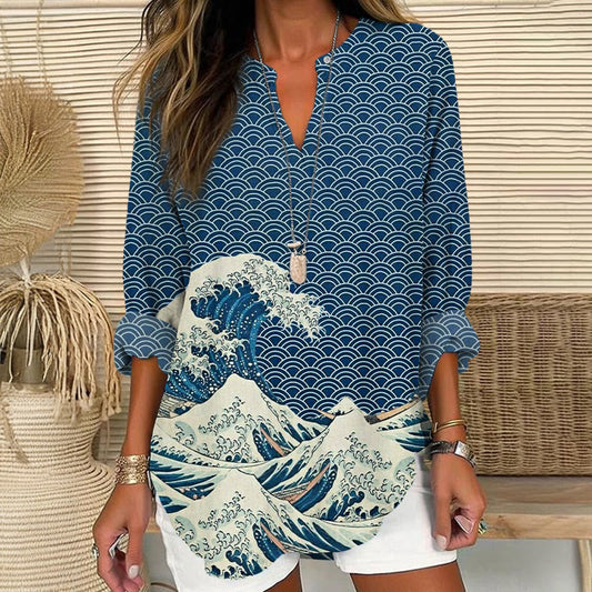 Dashingsoul The Great Wave Off Kanagawa Inspired Japanese Art Print V Neck Long Sleeve Blouse
