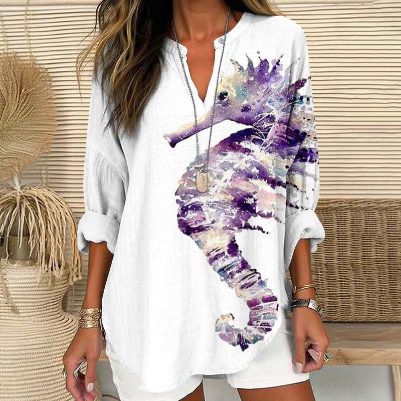 Dashingsoul Watercolor Sfumato Seahorse Asymmetrical Print V Neck Long Sleeve Blouse