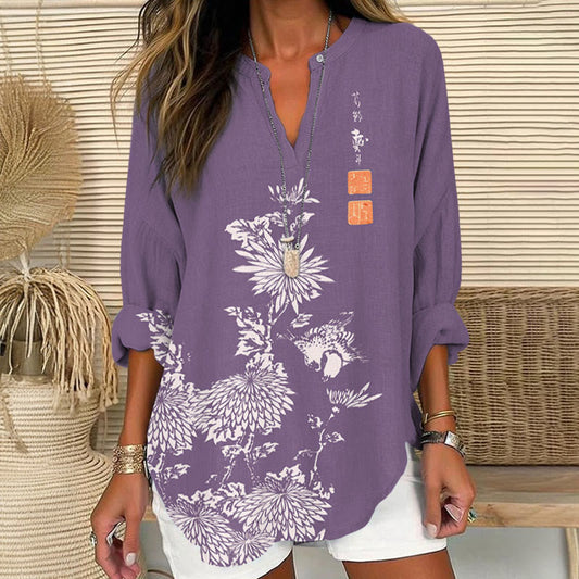Vintage Chrysanthemum Printed V Neck Long Sleeve Blouse