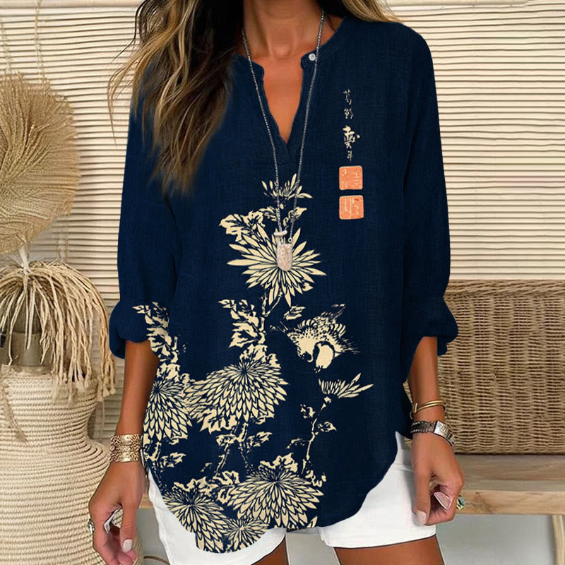 Vintage Chrysanthemum Printed V Neck Long Sleeve Blouse