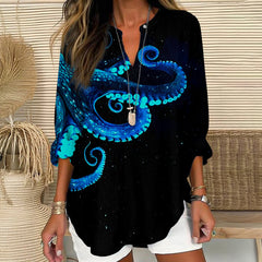 Three-dimensional Creative Octopus Print V Neck Long Sleeve Blouse
