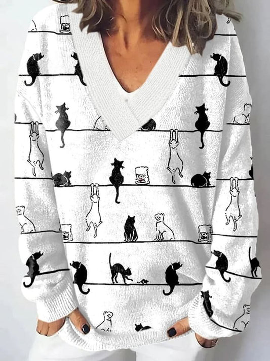 Women's Cat Print Casual Long Sleeve Sweater