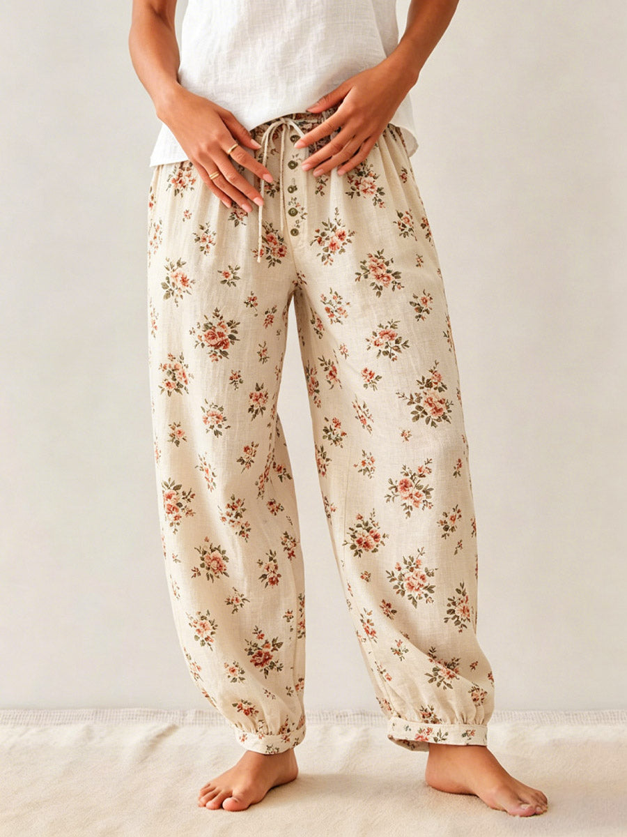 Women's Retro Floral Pattern Art Casual Stylish Cotton Linen Pants