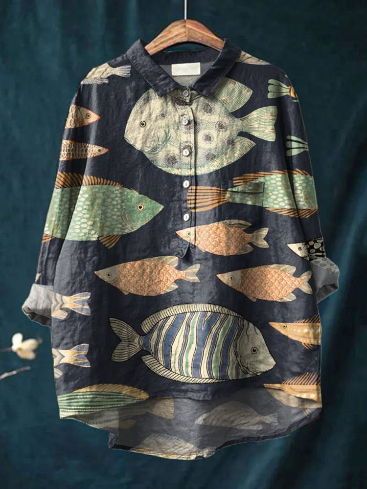 Vintage Lovely Fish Art Print Casual Cotton And Linen Shirt
