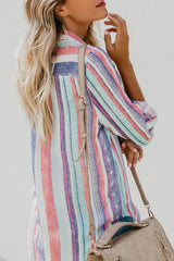 Stripe Print Buttons Collared Long Sleeves Blouse