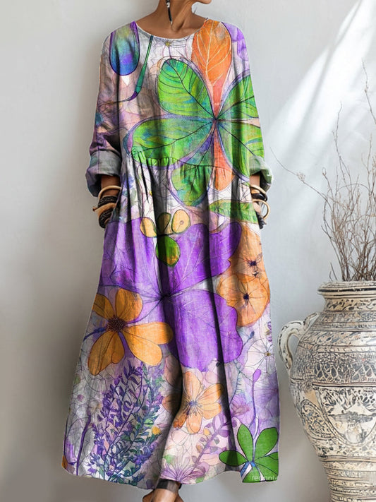 Women's Beautiful Colorful Abstract Floral Painting Art Print Pocket Cotton Dress