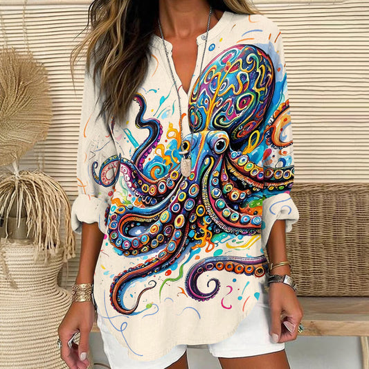 Vintage Rainbow Octopus Art Print V Neck Long Sleeve Blouse