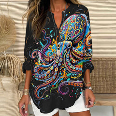 Vintage Rainbow Octopus Art Print V Neck Long Sleeve Blouse