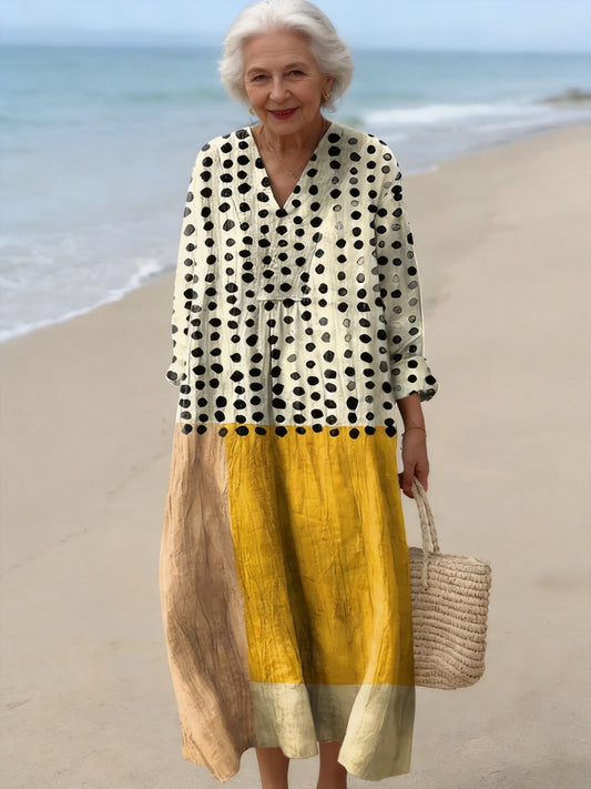 Women's Yellow Color-blocked Dots Art Watercolor Splash Fluid Art Print Flowy Dress