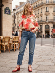 Women Vintage Flower Art Print Loose Peter Pan Collar Half Sleeve Blouses