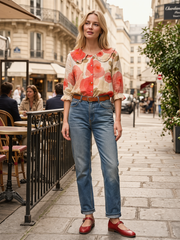 Women Vintage Flower Art Print Loose Peter Pan Collar Half Sleeve Blouses