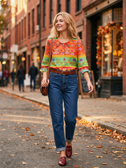 Women Vintage Floral Art Print Loose Peter Pan Collar Half Sleeve Blouses