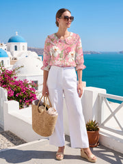 Women Vintage Flowers Art Print Loose Top Peter Pan Collar Half Sleeve Blouses