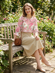 Women Vintage Flowers Art Print Loose Top Peter Pan Collar Half Sleeve Blouses