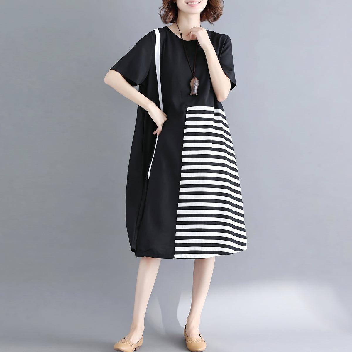 Black Natural Cotton Dress Casual Casual Dress Fine Short Sleeve O Neck Cotton Dress