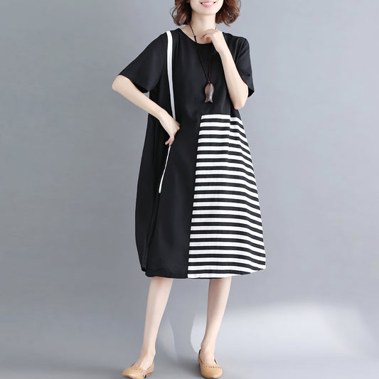 Black Natural Cotton Dress Casual Casual Dress Fine Short Sleeve O Neck Cotton Dress
