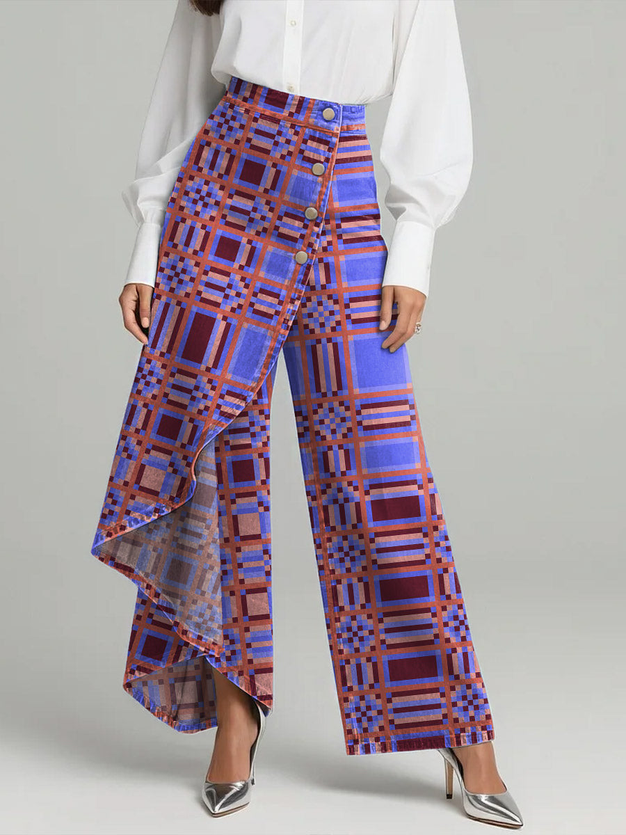 Women's Vintage Plaid Patterns Print High-waisted Relaxed Fit Wide-leg Jeans With A Stylish Design