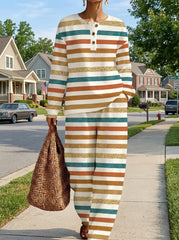 Womens Waffle Texture Multi Stripe Henley Neck Two Piece Set