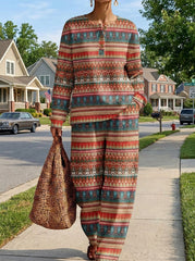 Womens Waffle Texture Boho Geometric Henley Neck Two Piece Set