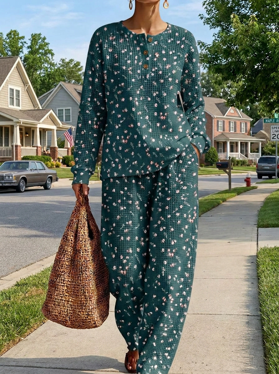 Womens Waffle Texture Green Ditsy Floral Henley Neck Two Piece Set