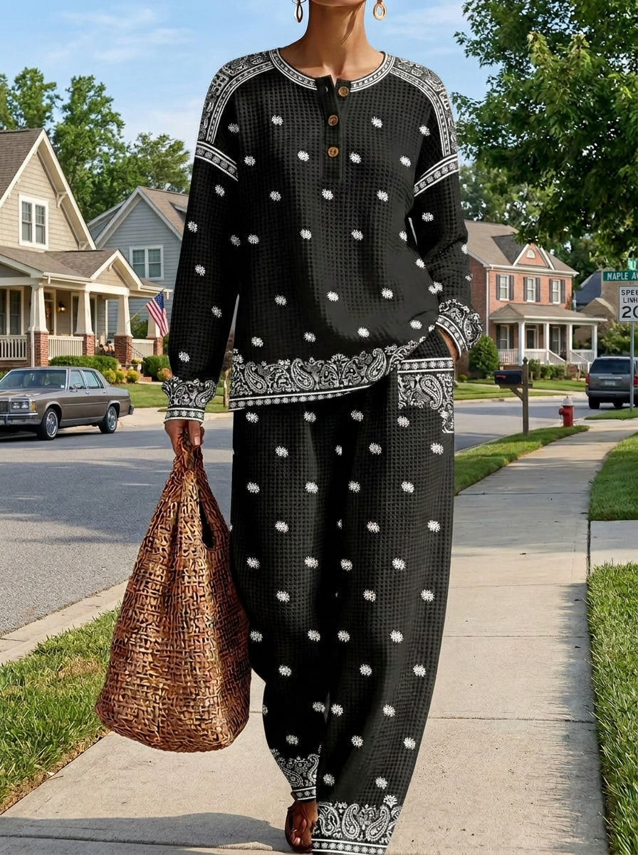 Womens Waffle Texture Black Bandana Print Henley Neck Two Piece Set