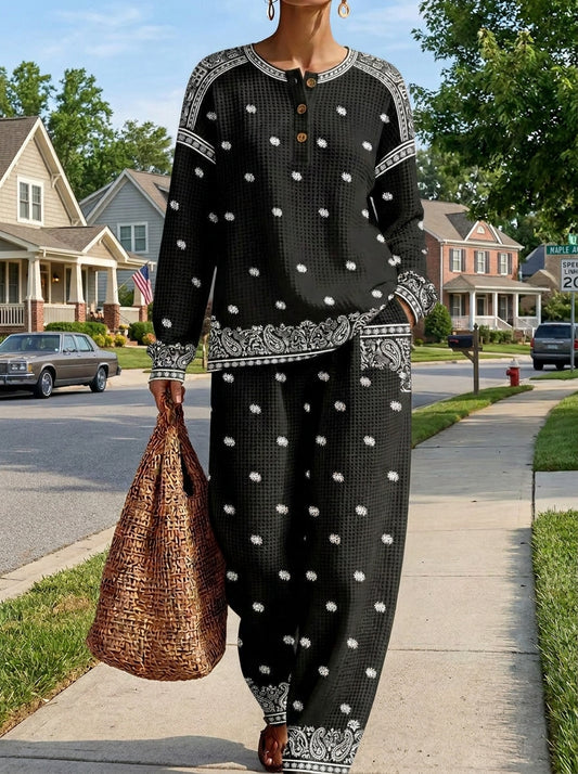 Womens Waffle Texture Black Bandana Print Henley Neck Two Piece Set
