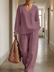 Womens Waffle Texture V Neck Two Piece Set