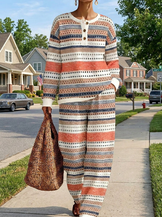 Womens Waffle Texture Aztec Stripe Henley Neck Two Piece Set