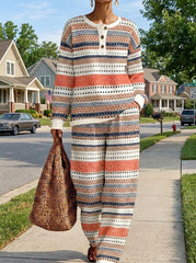 Womens Waffle Texture Aztec Stripe Henley Neck Two Piece Set