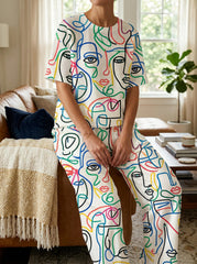 Womens Waffle Texture Abstract Face Print Two Piece Set