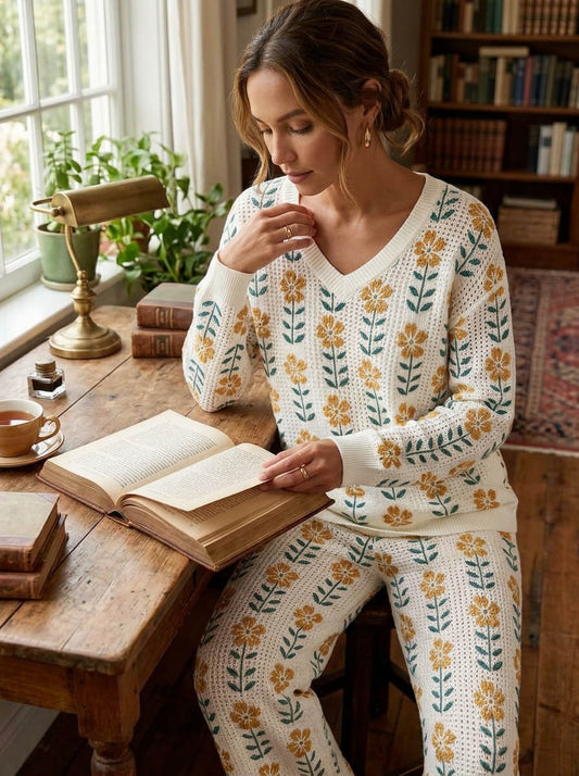 Womens Waffle Texture Floral Print Two Piece Set