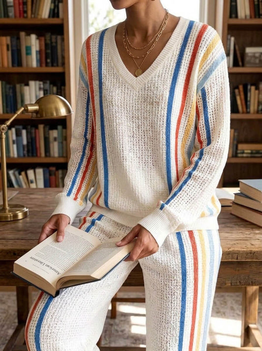 Womens Waffle Texture Vertical Stripe Two Piece Set