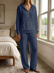 Womens Waffle Texture Casual Zip Hoodie Lounge Set