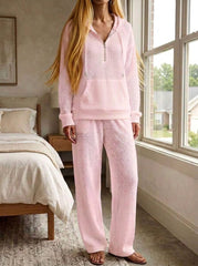 Womens Waffle Texture Casual Zip Hoodie Lounge Set