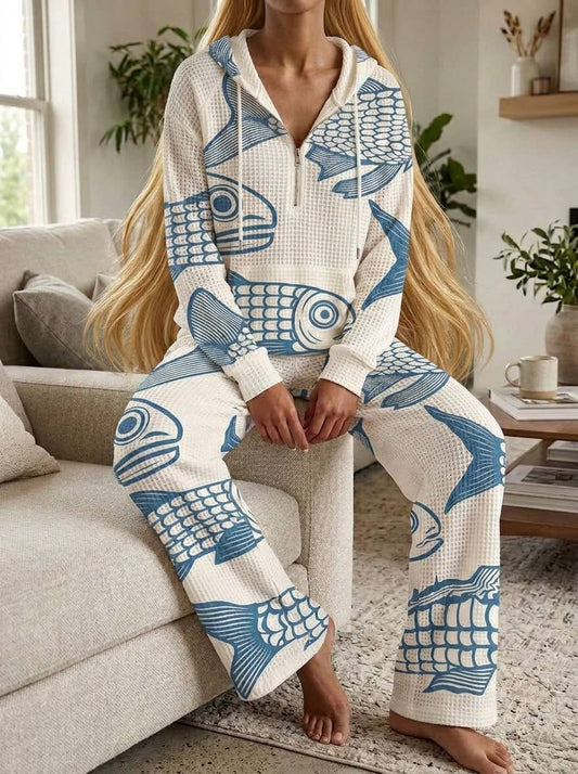 Womens Waffle Texture Blue Fish Print Casual Hoodie Set