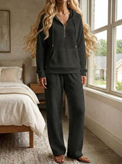 Womens Waffle Texture Casual Zip Hoodie Lounge Set