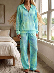 Womens Waffle Texture Casual Zip Hoodie Lounge Set