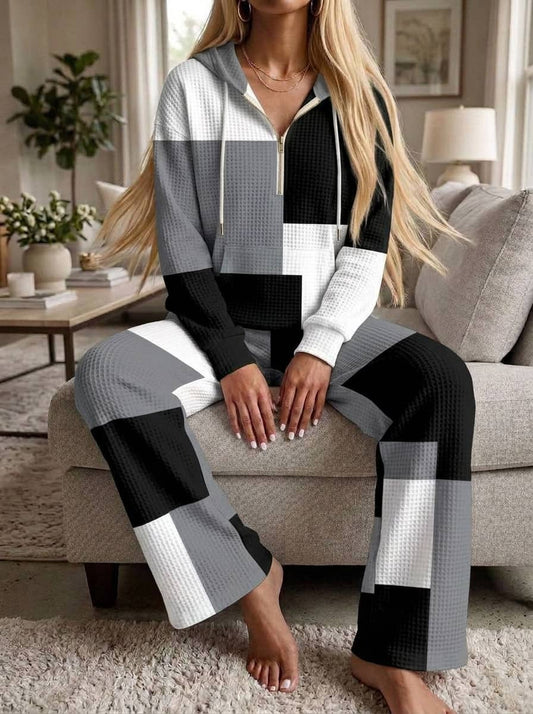 Womens Waffle Texture Color Block Casual Hoodie Set