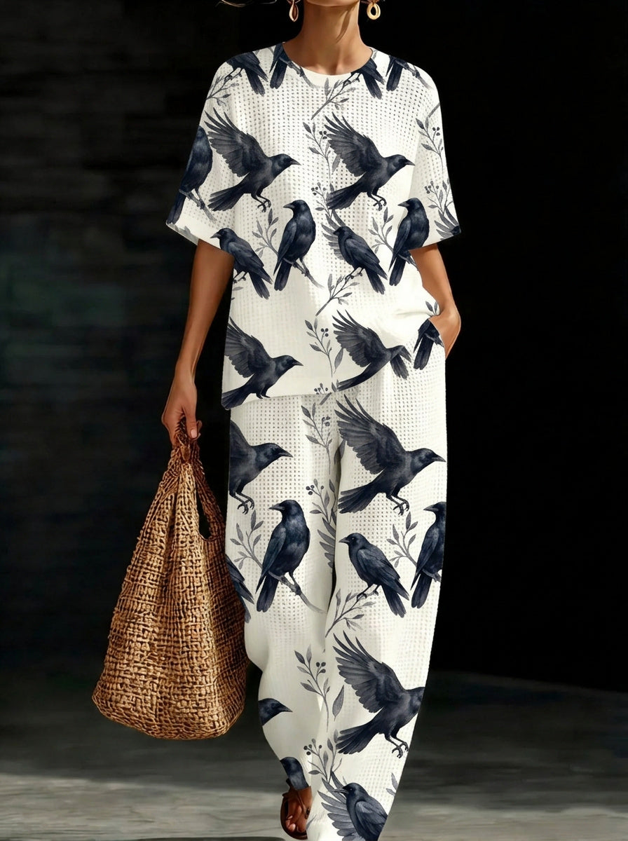 Womens Waffle Texture Crow Print Two Piece Set