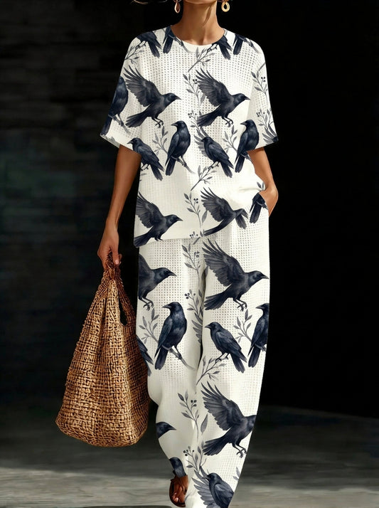 Womens Waffle Texture Crow Print Two Piece Set