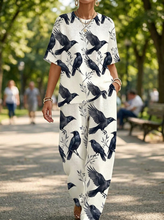 Womens Waffle Texture Crow Print Two Piece Set
