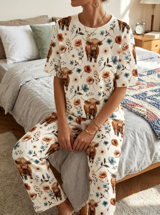 Womens Waffle Texture Highland Cow Print Two Piece Set