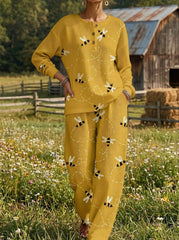 Womens Waffle Texture Bee Print Two Piece Set