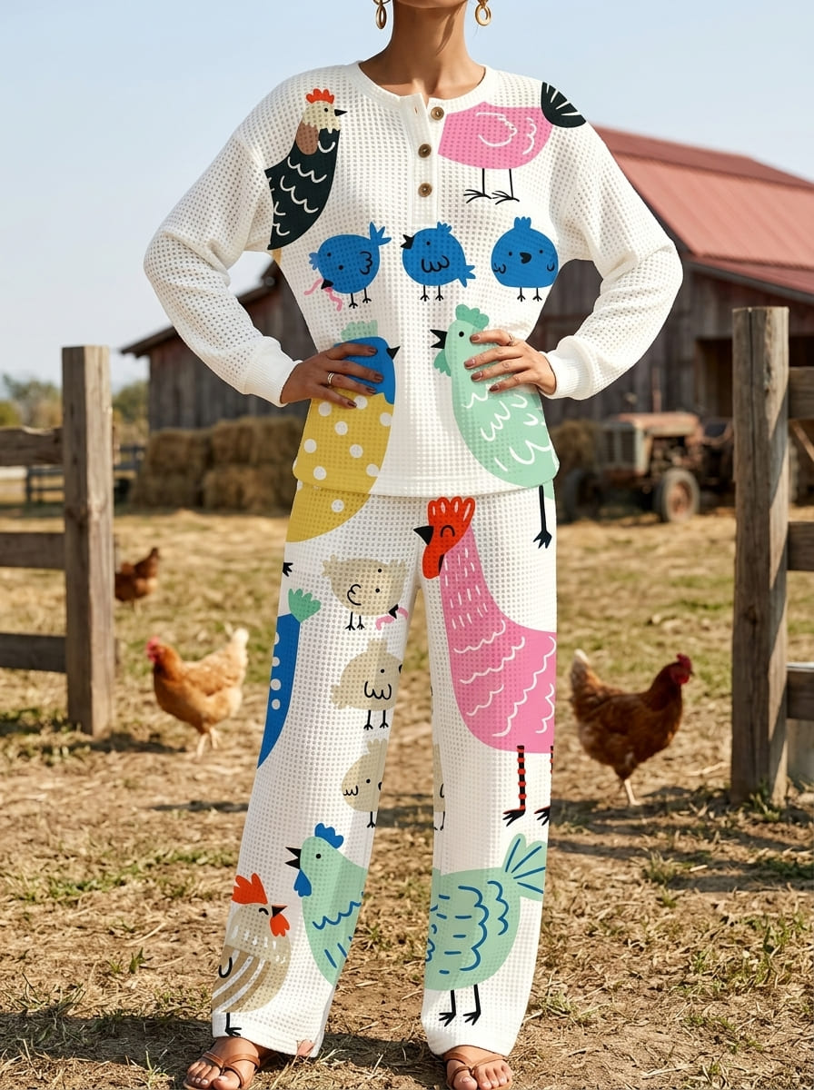 Womens Waffle Texture Cartoon Chicken Print Two Piece Set