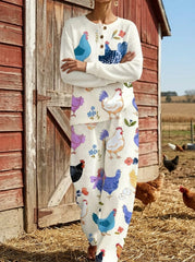 Womens Waffle Texture Chicken Floral Print Two Piece Set