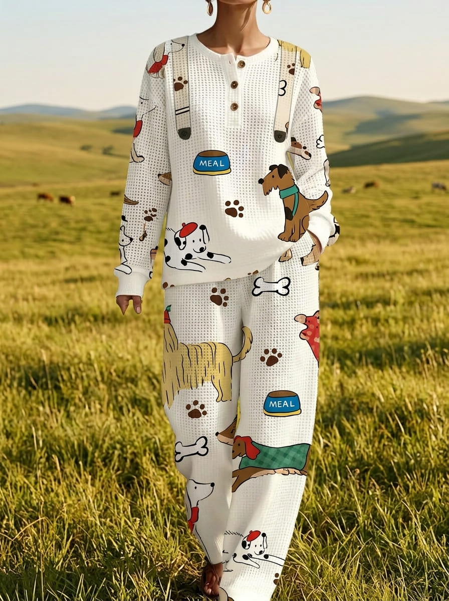 Womens Waffle Knit Cartoon Dog Print Long Sleeve Henley Set