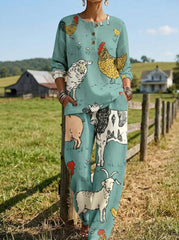 Womens Waffle Knit Farm Animal Print Long Sleeve Henley Set