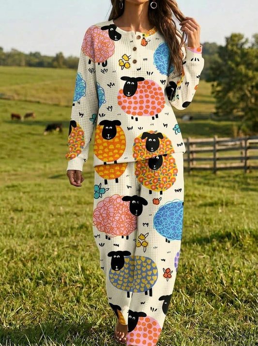 Womens Waffle Knit Colorful Sheep Long Sleeve Henley Set