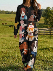 Womens Waffle Knit Black Dog Print Long Sleeve Henley Set