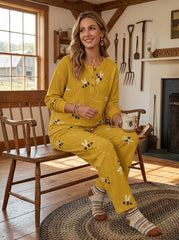 Womens Waffle Texture Bee Print Two Piece Set